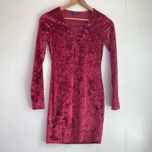 Red Velvet Mini Dress Body Con Juniors Stretch Grommet Tie Popular Basics Sz M
